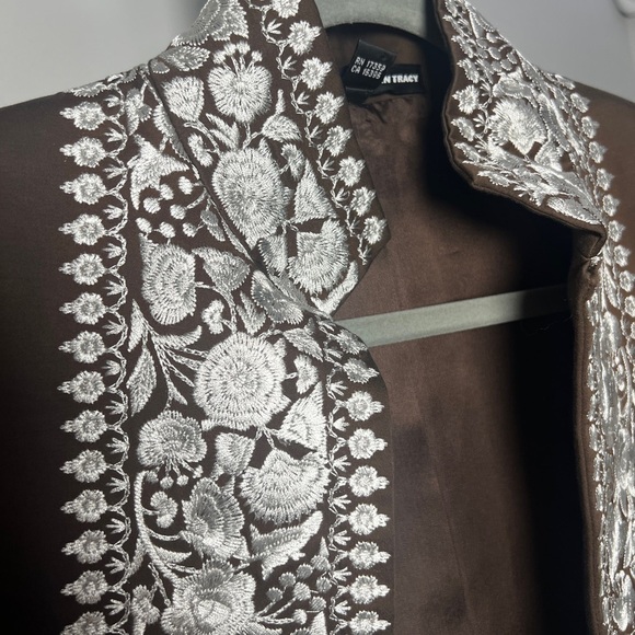 Linda Allard Ellen Tracy Brown/White Floral Embroidered Open Front Boho Jacket - Picture 6 of 7